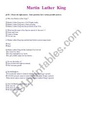 Martin luther king's leadership and belief in peaceful protesting during the civil rights movement made him famous. English Worksheets Quiz On Martin Luther King