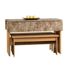 Sauder Beginnings 47 Highland Oak Trestle Table With Benches At Menards Dining Table With Bench Furniture Modern Dining Room Set