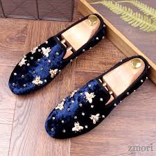 Blue Navy Suede Gold Bees Spike Studs Punk Rock Mens Loafers Flats Dress Shoes Loafers Men Dress Shoes Men Flat Dress Shoes