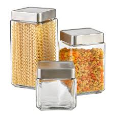 Our stackable square glass canisters just make sense. Anchor Hocking Glass Brushed Aluminum Canisters The Container Store