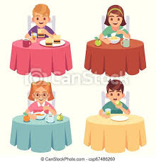 — лимон — джем — мёд — сахар. Children Eating Kids Eat Dinner Table Child Breakfast Lunch Fast Food Dining Girl Boy Cartoon Characters Set Children Canstock