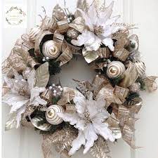 White And Gold Christmas Wreath Poinsettia Wreath Winter Etsy Christmas Wreaths Winter Wreath Holiday Wreaths