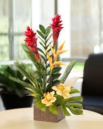 Flower Arrangements Using Bird Of Paradise Torch Ginger And Orchidfaux Arrangement Artificial Flower Arrangements Orchid Arrangements Tropical Floral Arrangements