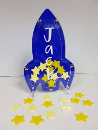 personalised childrens rocket ship space reward chart behaviour drop box jar with feet to stand