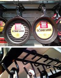 Lodge Cast Iron Cookware Hangs From Metro Fixtures Close Up Retail Fixtures Hanging Wire Shelving