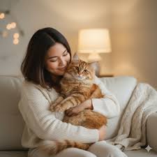 Woman hugging fluffy tabby cat on sofa