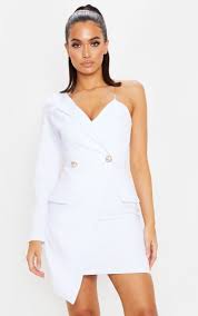 White Asymmetric One Shoulder Blazer Dress In 2020 Blazer Dress Dresses White Dress Summer