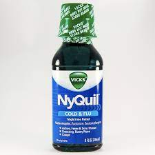 Based on the percentages above, taking one dose (30 ml) of nyquil liquid would provide a similar amount of alcohol to a small shot of wine. Nyquil Cold Flu Liquid Acetaminophen Dextromethorphan Doxylamine Succinate Dosage Rx Info Uses Nyquil Cold Flu Liquid Side Effects Mpr