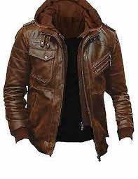 Mens Biker Vintage Brown Motorcycle Cafe Racer Real Leather Detach Hood Jacket In 2021 Leather Jacket Men Mens Outfits Leather Jacket