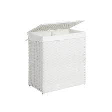 Base évasée robuste permettant au panier de se poser sur. Songmics Panier A Linge Tisse A La Main Corbeille A Linge Artisanale En Rotin Synthetique 2 Compartiments Avec Couvercle Et Poignees Pliable Doublure Amovible Blanc Lcb52wt