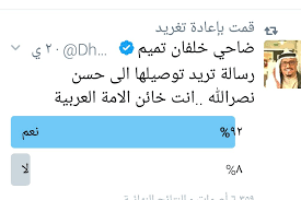 قبل بضع لحظات تحدثت مع. Ø¶Ø§Ø­ÙŠ Ø®Ù„ÙØ§Ù† ØªÙ…ÙŠÙ… On Twitter Ø§Ø³ØªÙØªØ§Ø¡ Ù…Ù‡Ø¯Ù‰ Ù„Ù†ØµØ± Ø§Ù„Ù„Ù‡