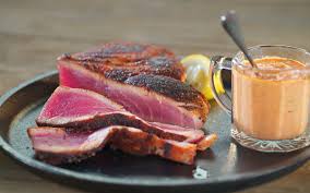 Take the tuna out of the marinade, and dust both sides lightly with katakuriko. Grill Blackened Tuna With Cajun Remoulade Recipe Barbecuebible Com