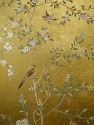 Gold Hand Painted Chinese Wallpaper One Wall In My Dining Room Hand Painted Wallpaper Chinoiserie Wallpaper Painting Wallpaper