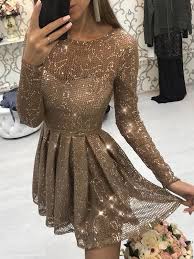 Damen bekleidung kleider & jumpsuits dresses cocktailkleid mit spitze. Hellbraun Mesh Glitzer Rundhals Langarm Elegant Tutu Minikleid Cocktailkleid Partykleid Minikleider Kleider