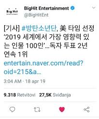 Article Bts Chosen For The Most Influential People Of 2019 By Us Time Magazine Voted 1st In Readers Poll For The Second Consecutive Year