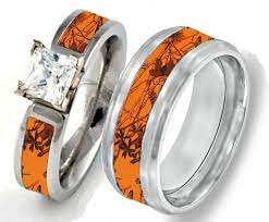 Orange Camo Band Couples Ring Set With Stone Couples Ring Set Couple Rings Camo Rings