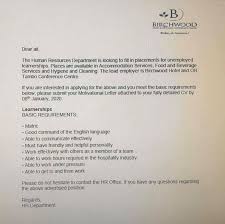 That's why i created this, as sort of a reference guide, for you to use when wondering, how do i write the perfect motivational letter? Employed Sa Opportunity Alert Birch Wood Hotel Is Facebook