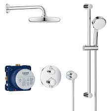 Grohe 34745000 Starlight Chrome Grohtherm Thermostatic Shower System With Shower Head Hand Shower Slide Bar Hose And Valve Trim Faucet Com