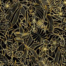Black gold luxurious texture flower exquisite frame flowers and plants metallic gold flower clipart frame clipart border clipart gold clipart floral design set of decorative vintage frames and borders set gold photo frame with corner thailand line floral for picture vector design decoration pattern style. Tropical Flowers And Plants Seamless Pattern Floral Gold Square Wallpaper On Black Background For Greeting Cards Luxury Mock Ups Royalty Free Cliparts Vectors And Stock Illustration Image 92999285