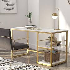 Amazon Com Tribesigns 47 Inches Computer Desk With 2 Tier Storage Shelves Faux Marble Modern Home Of Office Table Design Desk Modern Design Home Office Desks
