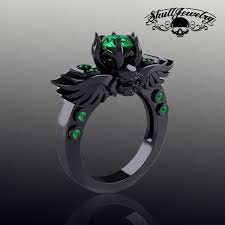 Black And Green Wedding Band Emerald Green Goddess Black Skull Wings Ring With Green Stones W0 Gothic Jewelry Rings Skull Wedding Ring Skull Engagement Ring