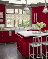 Red Cabinets Paired With White Countertops And Gray Walls Red Kitchen Walls Painted Kitchen Cabinets Colors Red Kitchen Cabinets