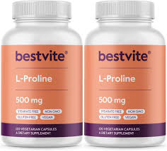 BESTVITE L-Proline 500mg (240 Vegetarian Capsules) (120 x 2) - No Stearates  - No Fillers - Vegan - Gluten Free - Non GMO