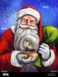 Christmas Story Santa Claus Is Holding A Christmas Snowglobe Christmas Night Mary Joseph And The Baby Jesus Son Of God Art Illustration Painted Stock Photo Alamy