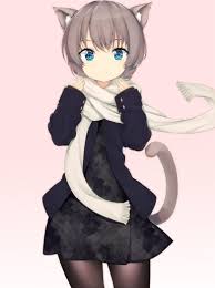 1girl Animal Ears Blue Eyes Brown Hair Cat Ears Cat Tail Coat Dress Original Pantyhose Scarf Short Hair Sleeves Past Wrists Anime Anime Cat Anime Art Beautiful