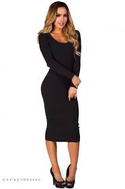 Lynette Black Scoop Neck Long Sleeve Ribbed Knit Midi Dress Black Knit Dress Casual Dress Outfits Knit Midi Dress