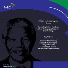 Through justice, education, service, and unity, the SABC continues to  uphold the values Madiba championed — and to carry them forward for  generations to come. Swipe through our infographic to see how. #