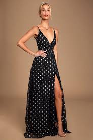 Galaxy Lights Black And Gold Polka Dot Sleeveless Maxi Dress In 2020 Maxi Dress Polka Dot Prom Dresses Sleeveless Maxi Dress