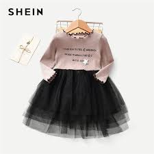 Us 13 99 40 Off Shein Toddler Girls Letter Print Frill And Contrast Mesh Detail Dress Girls Clothing 2019 Fashion Long Sleeve A Line Girls Dress In