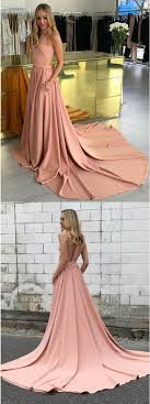 A Line High Neck Long Coral Prom Dress With Pockets Blush Prom Dress Prom Dress With Train Sweep Train Prom Dress