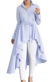 Light Blue Striped Lapel Shirt High Low Belted Blouse Top Charming Wear