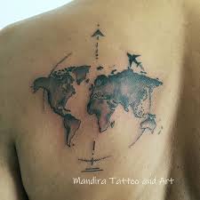 World Map With Airplane Black Tattoo On Shoulder Blade Shoulder Blade Tattoo Blade Tattoo Tattoos
