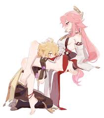 aether and yae miko (genshin impact) drawn by powu555 | Danbooru