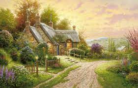 See more ideas about thomas kinkade, thomas kinkade paintings, kinkade paintings. Wallpaper Road Summer Flowers Picture The Evening House Painting Cottage Thomas Kinkade Kincaid Images For Desktop Section Zhivopis Download