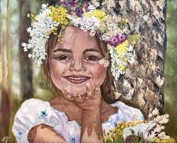 Sunny Girl with Wildflower Wreath Painting by Ariadna Tunyk