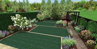 3d Mock Up Of Garden Split Into Separate Lawns Surrounded By Shrubbery An Circular Garden Design Lawn Design Garden Design London