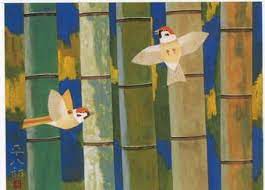 福田平八郎 竹に雀 日本の近代画家の絵は イラストレーションの色合いが強く出て来ていると感じます 緻密な自然画を描く東山魁夷の作品の中にも 木々をデフォルメしたようなタッチが観られることもあるし 福田平八郎に初めて触れたのは 漣 と 雨 どちらも