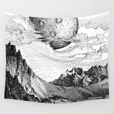 The Mountains Wall Tapestry Drawing Illustration Landscape Ink Pen Planet Graphite Graphic Art Nature Fant Pen Art Drawings Planet Drawing Planet Ink