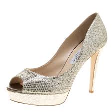 Jimmy Choo Metallic Champagne Glitter Fabric Dahlia Peep Toe Platform Pumps Size 41 5