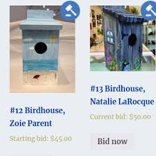 The Silent Auction has begun for the Celebrate Vermont....A Bird's Eye View  birdhouses! Don't miss your chance to take one of these beautiful  birdhouses home with you. Your birds will thank you!