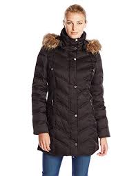 Kenneth Cole New York Womens Chevron Down Coat With Faux Fur Trim