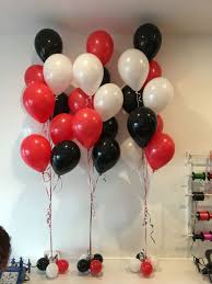 Bunches Of Black Red White Helium Balloons In Foyer Top And Bottom Have One Full Helium Ca Red Birthday Party Red Party Decorations Black Party Decorations