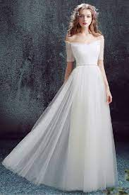 Simple Off The Shoulder Tulle Sleeve Wedding Dress Without Train No Lace Wedding Dresses Simple Elegant Wedding Dress Elegant Wedding Dress