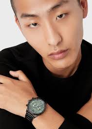 Emporio Armani Mario Chronograph Green Dial Black Steel Strap Watch For Men