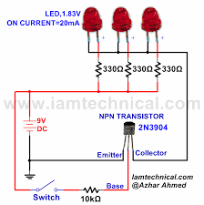 See more ideas about circuit diagram, electronics projects, electronics circuit. Npn Transistor With Three Led S As A Switch Iamtechnical Com Electronic Circuit Projects Electronics Basics Transistors