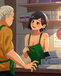 pluvion, sakamoto aoi (sakamoto days), sakamoto taro, sakamoto days,  absurdres, highres, 1boy, 1girl, apron, artist name, black eyes, black  hair, black pants, blush, breasts, cafe, cash register, clothed male nude  female, collarbone,